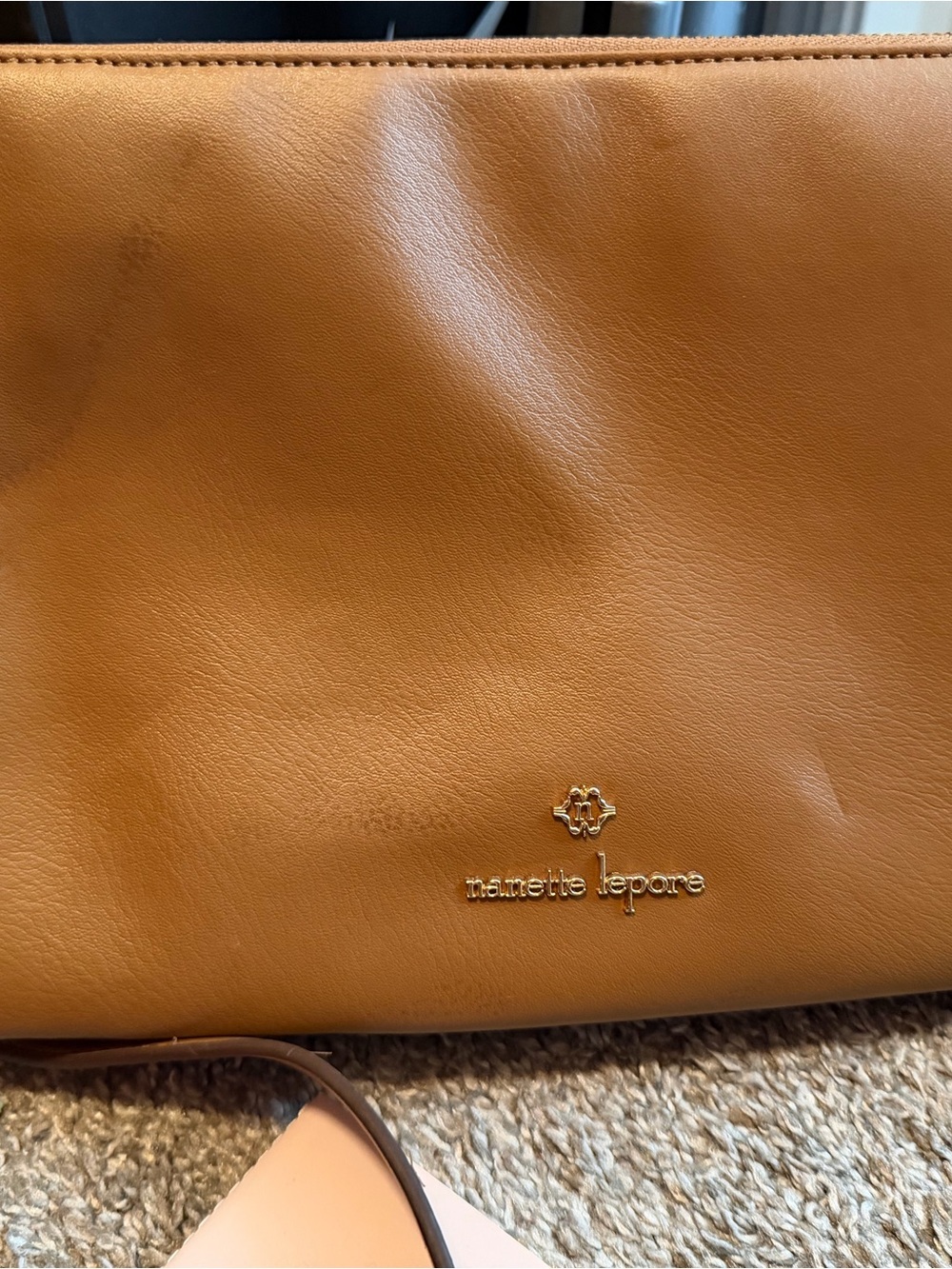 Nanette Lepore Cognac Leather Crossbody Bag with Gold Logo